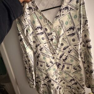 Money Print Long Sleeve Blouse